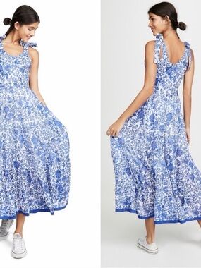 FREE PEOPLE Kikas Blue And White Floral Tie Shoulder Maxi Dress